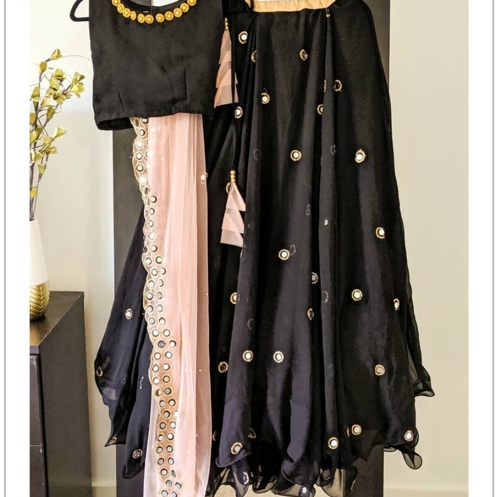Black stitched lehenga with mirror work
